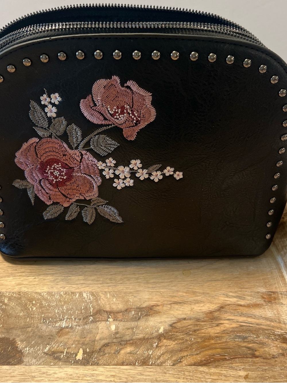 Black Floral Studded Crossbody Bag with Pink Embroidery - Picture 2 of 10